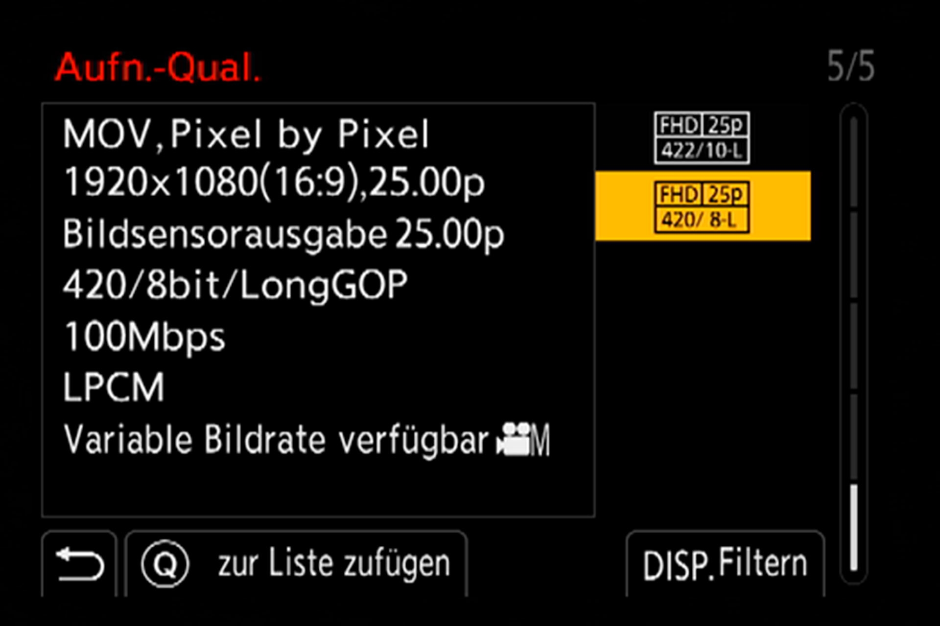 Untermenü, Aufnahmequalität, Seite 5 von 5